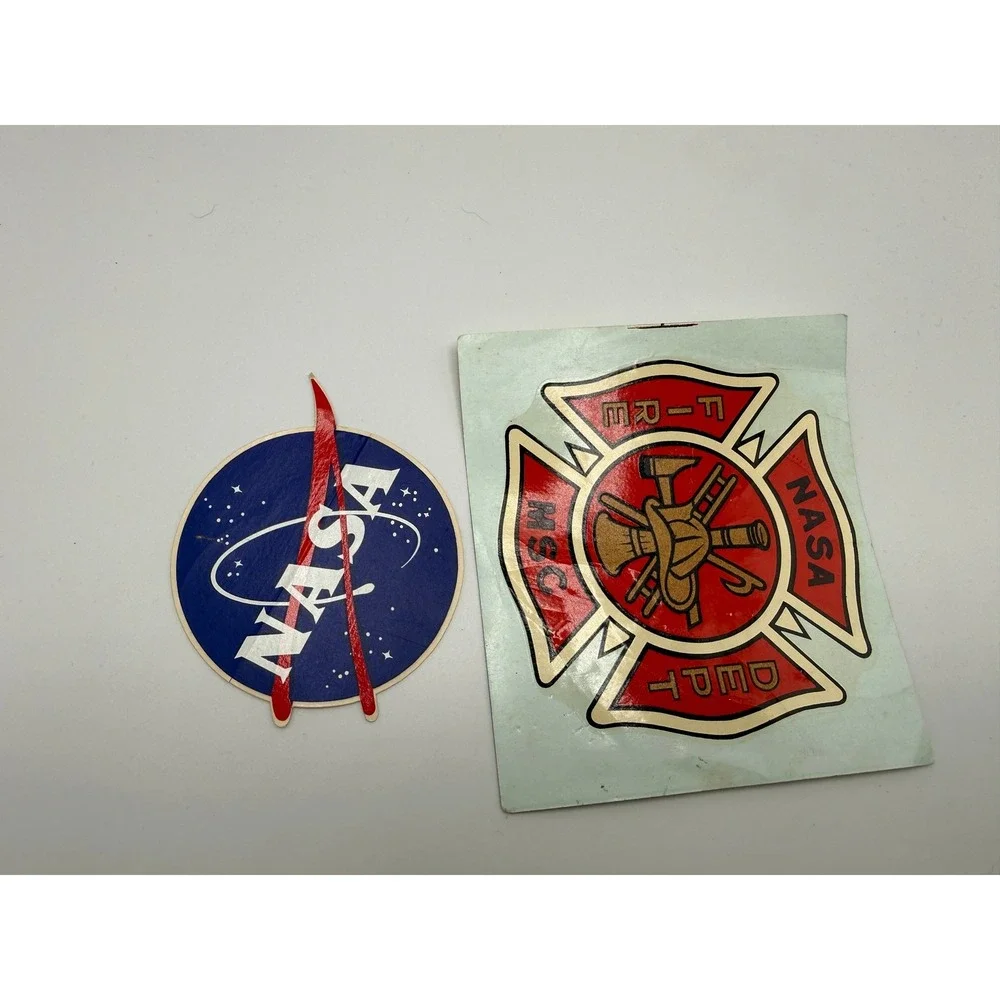 Vintage NASA Meatball Sticker and NASA MSC Fire Dept Maltese Cross Decal Set‎